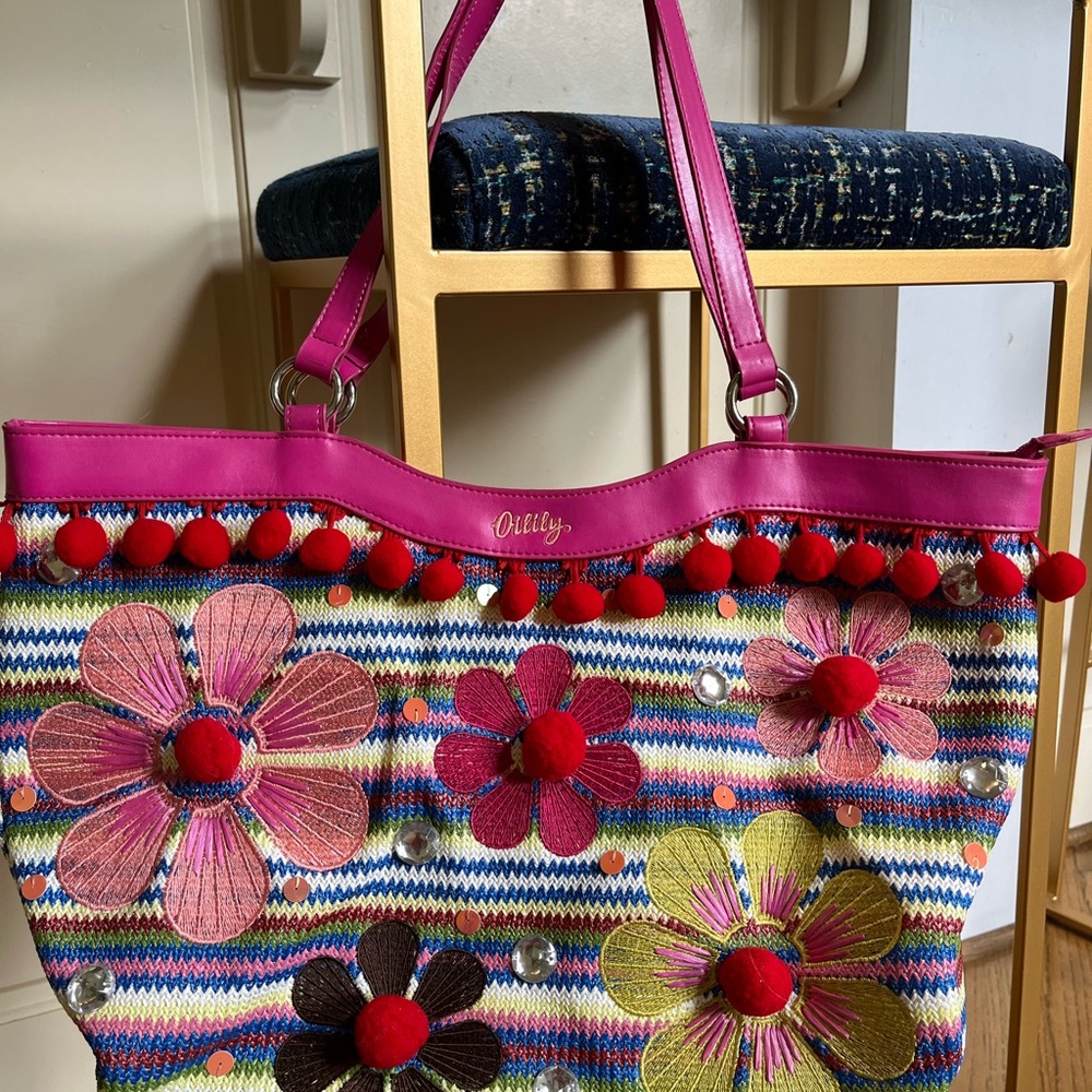 Rare Oilily striped woven, beaded, floral handbag.